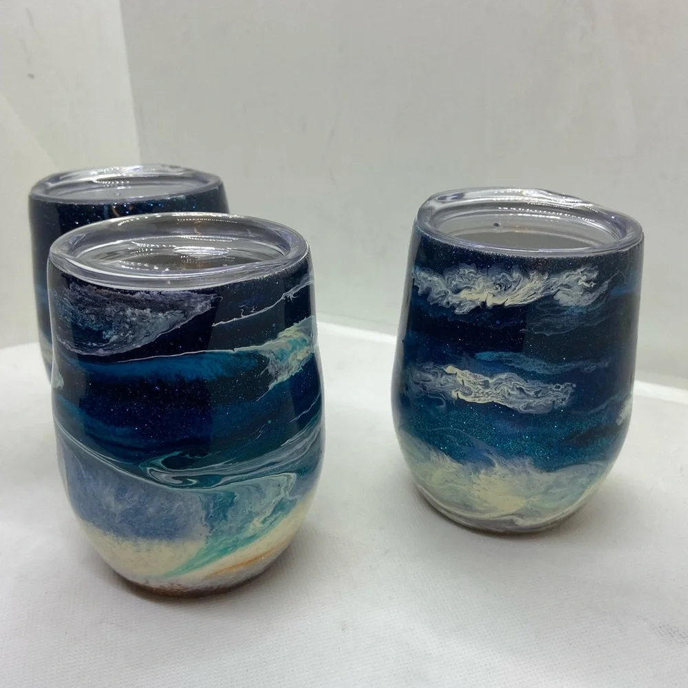 3 handcrafted epoxy dipped wine tumblers